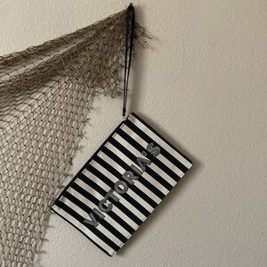 NEW Victoria’ Secret Black and Tan Striped Canvas Clutch